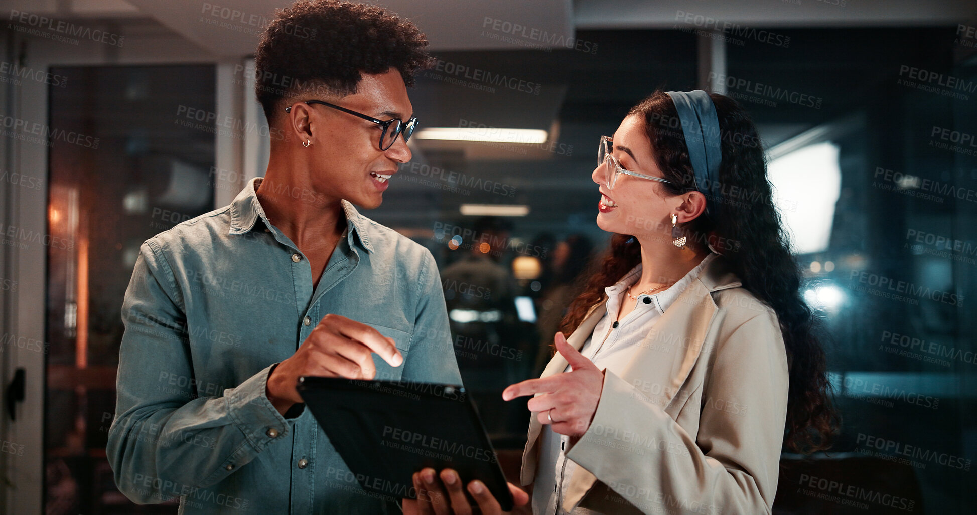 Buy stock photo Business, employees and tablet in office at night for investment profit, exchange rate and stocks research. Trader, teamwork and overtime with digital app for trading deadline and economic update