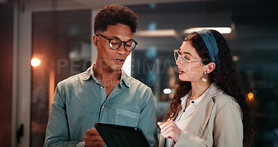 Buy stock photo Business, people and tablet with discussion in office for investment news, explain currency price or research. Trader, teamwork or overtime with digital app for trading portfolio or deadline at night