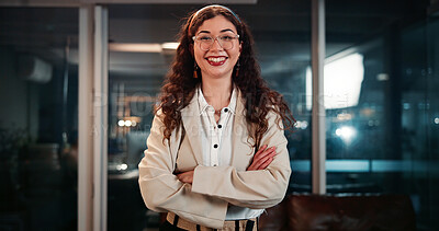 Buy stock photo Portrait, business and woman in office at night with ambition, about us and financial career. Female person, smile and arms crossed for asset management, finance experience and deadline of investment