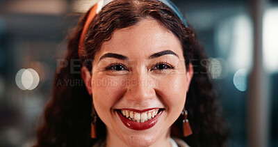 Buy stock photo Happy, night and portrait of business woman with smile, confidence and company pride for startup. Publishing, creative writer and face of person working late for copywriting, editing and journalism