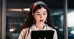 Night, tablet and business woman in office to check email, reading update or schedule for investment banking app. Digital tech, serious worker and internet for financial review, account or overtime