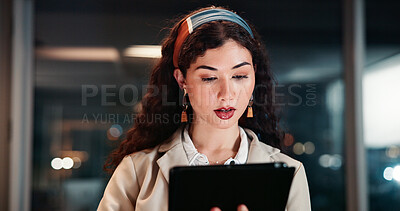 Buy stock photo Night, tablet and business woman in office to check email, reading update or schedule for investment banking app. Digital tech, serious worker and internet for financial review, account or overtime