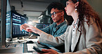 Meeting, computer and business people in office for statistics, online investment and stock market. Corporate, team and man and woman on pc for finance analytics, planning and collaboration at night