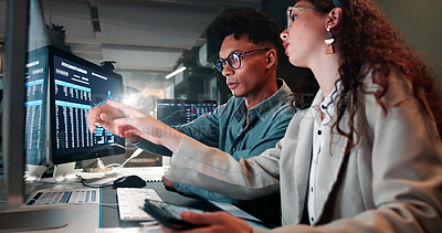 Buy stock photo Meeting, computer and business people in office for statistics, online investment and stock market. Corporate, team and man with woman on pc for finance analytics, planning and collaboration at night