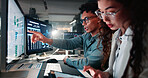 People, computer and screen for trading in office of statistics review, finance charts and stock market graph. Staff, tablet and pointing with risk analysis, financial increase and investment pattern