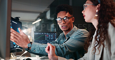 Buy stock photo Meeting, computer and business people in office for collaboration, online investment and stock market. Corporate, teamwork and man with woman on pc for finance analysis, planning and fintech trading