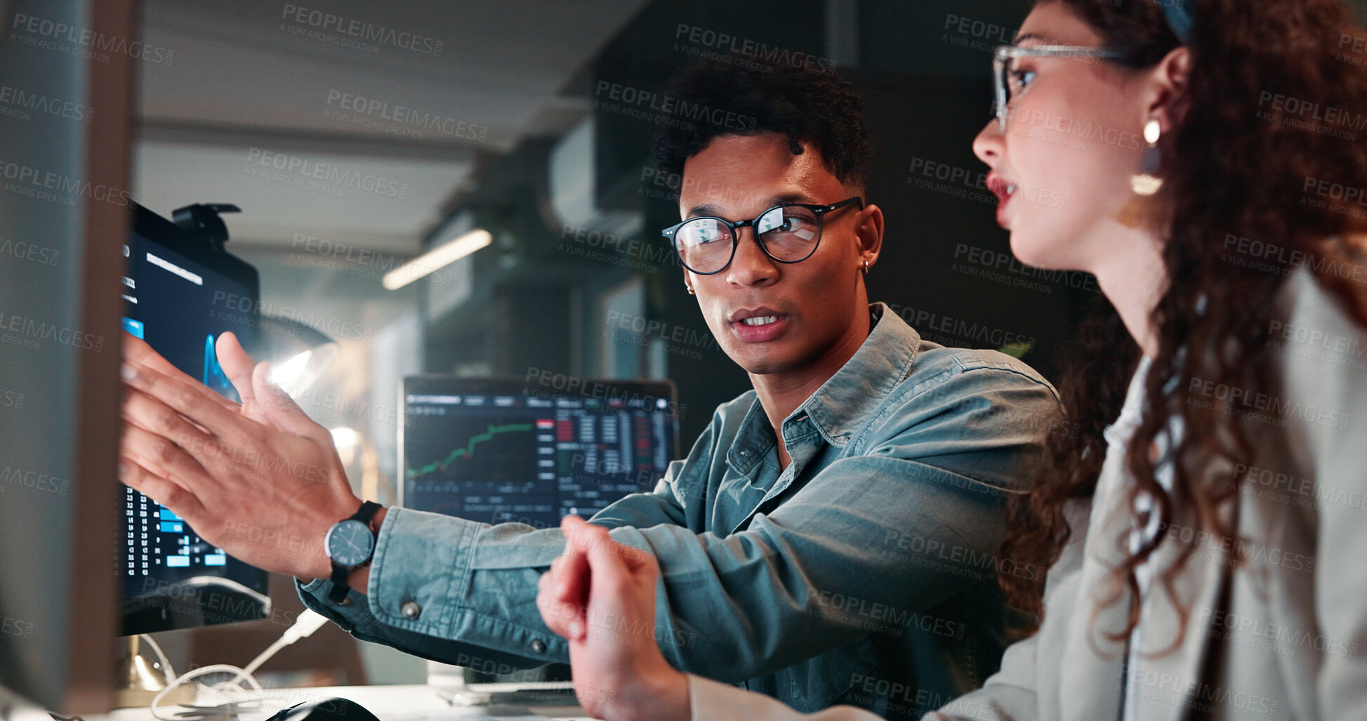 Buy stock photo Meeting, computer and business people in office for collaboration, online investment and stock market. Corporate, teamwork and man with woman on pc for finance analysis, planning and fintech trading