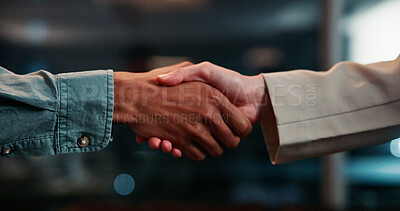 Buy stock photo Deal, business people and shaking hands in office for support, partnership and agreement at night. Closeup, thank you and handshake for cooperation, teamwork or welcome with greeting for introduction