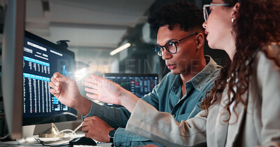 Buy stock photo Meeting, computer and business people in office for trading, online investment and stock market. Corporate, teamwork and man with woman on pc for finance analysis, planning and collaboration at night