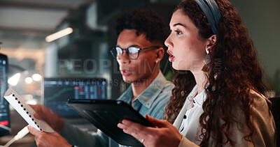 Buy stock photo Meeting, tablet and business people in office at night for trading, online investment and stock market. Corporate, team and man with woman on computer for finance analysis, planning and collaboration