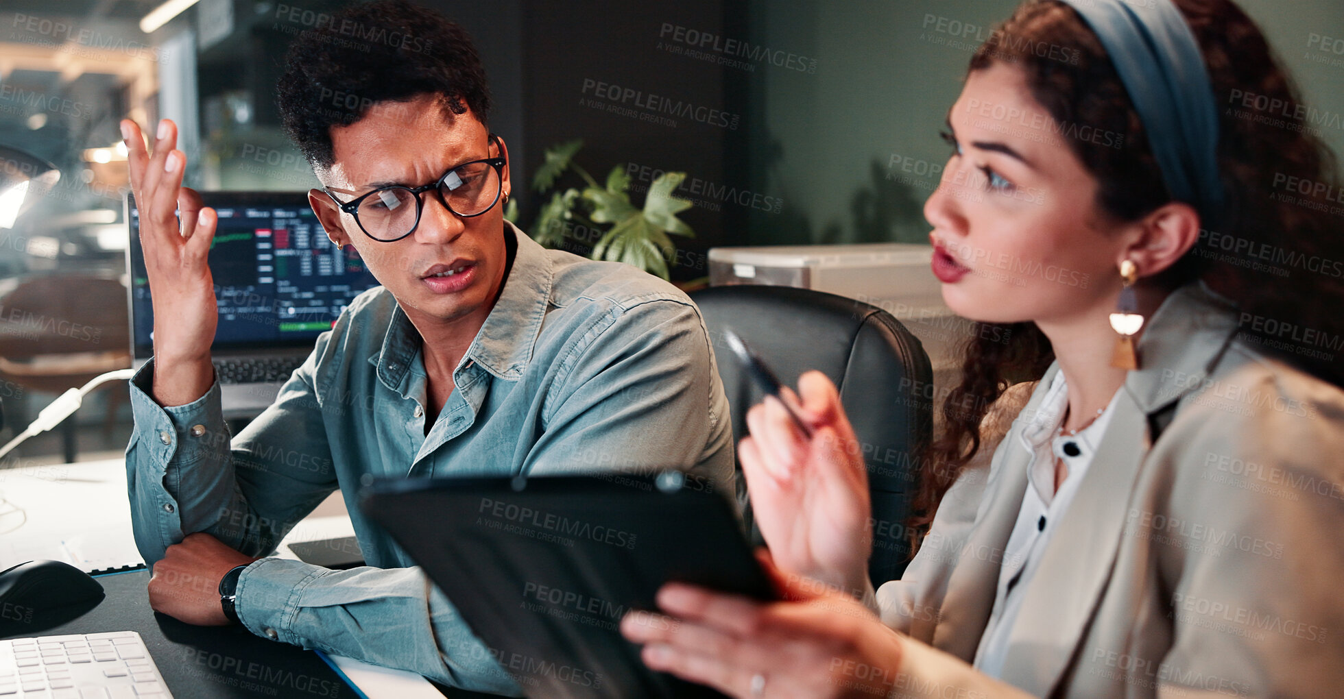 Buy stock photo Discussion, tablet and business people in office for trading, online investment and stock market. Corporate, professional and man and woman on computer for finance analysis, planning and meeting