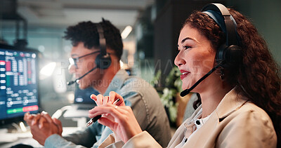 Buy stock photo Trading support, talking or woman on computer for customer service, investment advice and market insight. Contact us, call center and happy broker with query for financial news, assistance and data