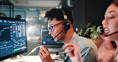 Buy stock photo Trading call center, screen or man on computer for customer service, investment advice and market insight. Contact us, advisor and broker with client query for financial news, assistance and charts