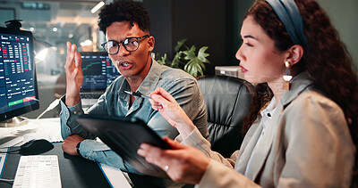 Buy stock photo Meeting, argue and business people in office on tablet for digital trading, online investment and stock market. Corporate, stress and man and woman on tech for finance analysis, planning and strategy