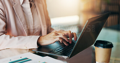 Buy stock photo Office, worker and hands with laptop for research, investment information and accountant for agency. Closeup, person and business auditor with digital for bookkeeping, auditing and typing report