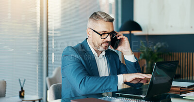 Buy stock photo Phone call, laptop and consulting with business man in office for stock broker, account manager and client contact. Market monitor, trade risk and feedback with person talking for investment planning