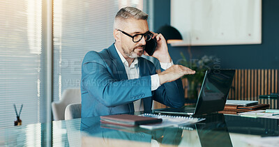 Buy stock photo Phone call, laptop and feedback with business man in office for stock broker, account manager and client contact. Market monitor, trade risk and advice with person talking for investment planning