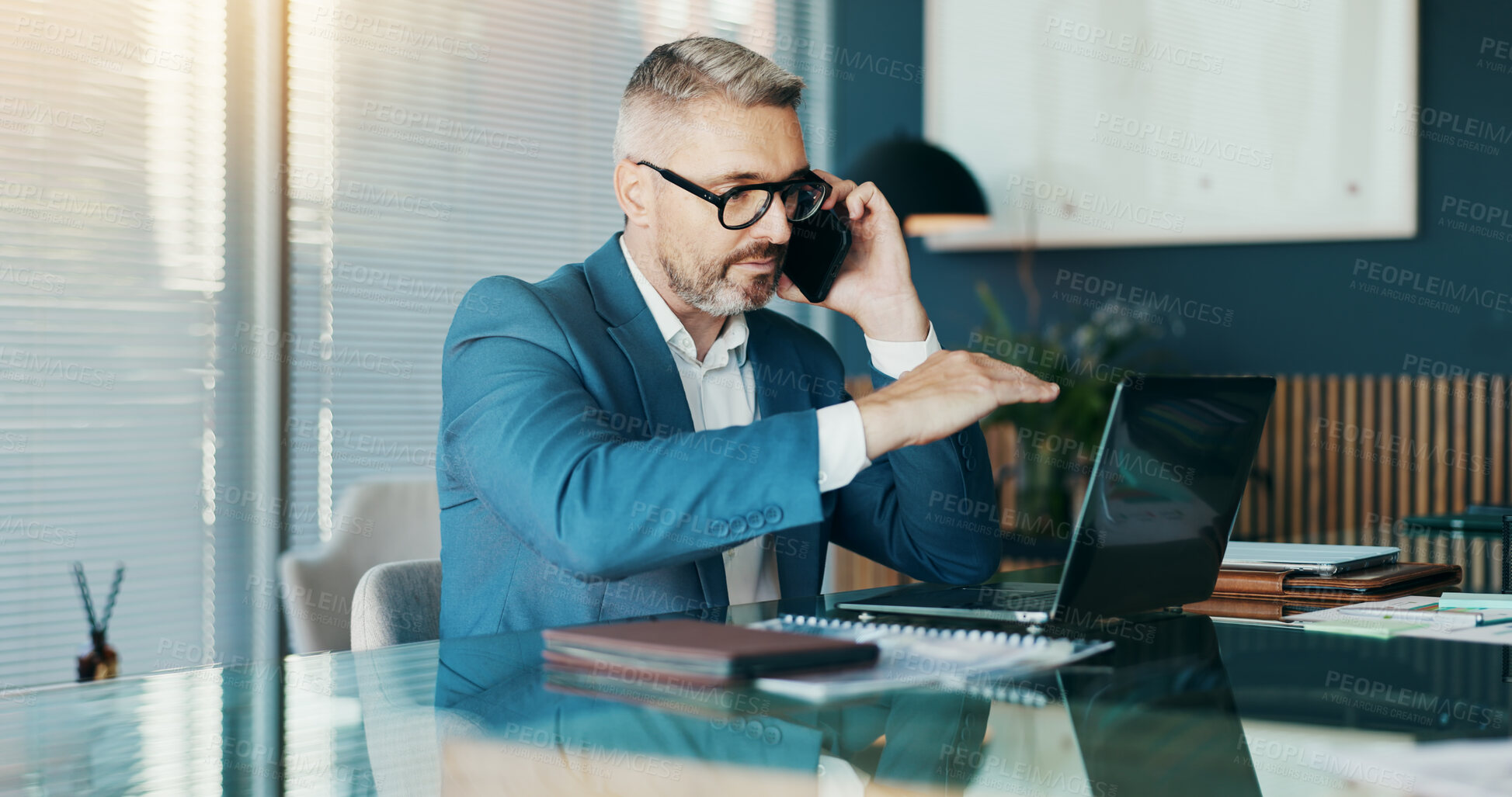 Buy stock photo Phone call, laptop and feedback with business man in office for stock broker, account manager and client contact. Market monitor, trade risk and advice with person talking for investment planning