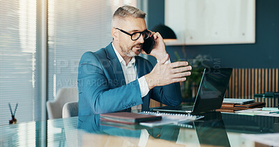 Buy stock photo Phone call, laptop and advice with business man in office for stock broker, account manager and client contact. Market monitor, trade risk and feedback with person talking for investment planning