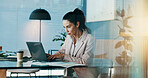 Business, woman and typing on laptop in office for research, reading email and financial report. Female person, online and schedule update, budget planning and accounting information for investment