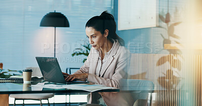 Buy stock photo Business, woman and typing on laptop in office for research, reading email and financial report. Female person, online and schedule update, budget planning and accounting information for investment