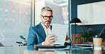 Tablet, reading and research with business man in office for stock broker, account manager or budget report. Market monitor, trade risk and profit growth with person in agency for investment planning