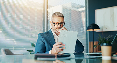 Buy stock photo Tablet, thinking and research with business man in office for stock broker, account manager or reflection. Vision, trade planning and budget proposal with person in agency for investment decision