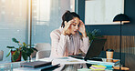 Woman, headache and laptop with documents, stress and charts at office with review at financial company. Person, migraine and pain with computer, paperwork and tired with burnout for report at agency