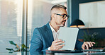 Tablet, laptop and research with business man in office for stock broker, account manager or budget report. Market monitor, trade risk and profit growth with mature person for investment planning