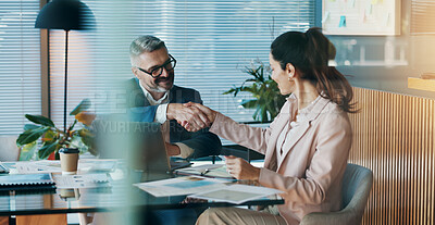 Buy stock photo Shaking hands, agreement and business people in office for partnership, collaboration or finance deal. Meeting, welcome and financial manager with client for handshake with investment contract.