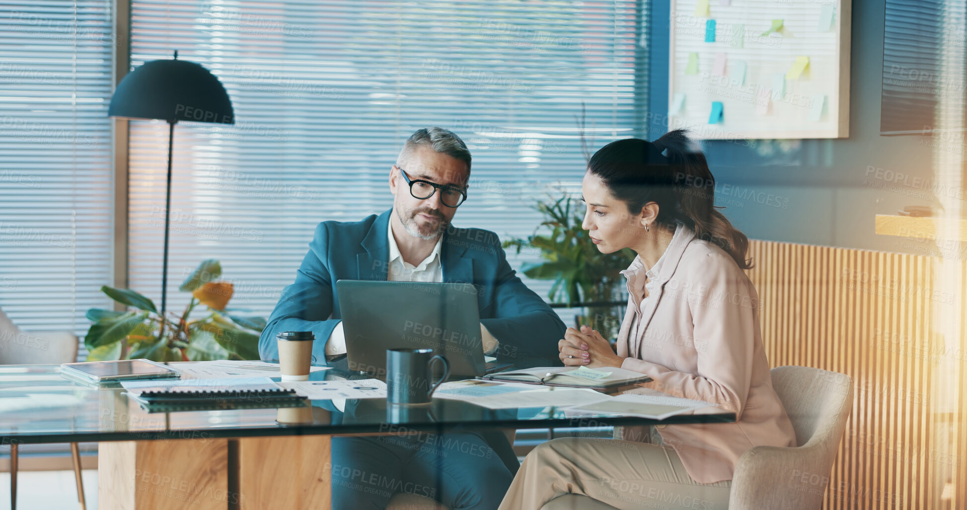 Buy stock photo Documents, laptop and business people in office with discussion for company investment deal. Computer, paperwork and finance manager with investor client for meeting with dividend report in workplace