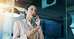 Phone call, business and woman in office by window for discussion, corporate meeting and planning. Professional, finance consultant and person on smartphone for contact, communication and talking