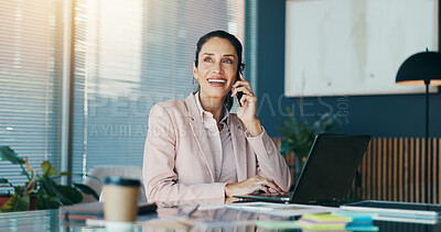 Buy stock photo Phone call, business and happy woman in office with laptop for planning, online report and website. Professional, finance consultant and person on smartphone for contact, communication and talking