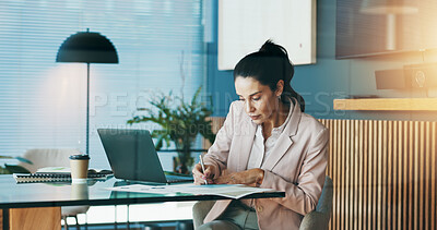 Buy stock photo Business, woman and writing on document in office for notes, budget planning and schedule update. Female person, laptop and paperwork for reminder, information and audit checklist of financial report