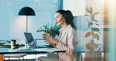 Buy stock photo Office, businesswoman and headset with laptop for call center, customer information and telemarketing. Workplace, mature person and consultant with talking for online review, sales report or research