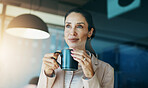 Woman, coffee and thinking at night, office and happy with perspective, solution and deadline at company. Person, smile and insight with reflection, inspiration or tea cup for overtime at finance job