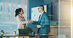 Shaking hands, welcome and business people in office for partnership, collaboration or finance agreement. Meeting, deal and financial manager with client for handshake with investment contract.