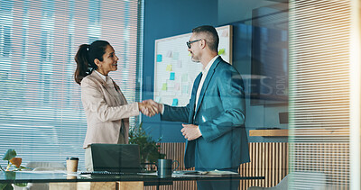 Buy stock photo Shaking hands, welcome and business people in office for partnership, collaboration or finance agreement. Meeting, deal and financial manager with client for handshake with investment contract.
