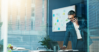 Buy stock photo Phone call, research and mature man with laptop, office and online for financial growth, talking or company. Corporate, sales manager and competitive analysis on website, planning or tech in business