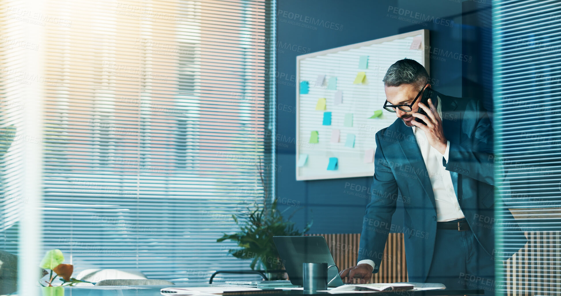 Buy stock photo Phone call, research and mature man with laptop, office and online for financial growth, talking or company. Corporate, sales manager and competitive analysis on website, planning or tech in business