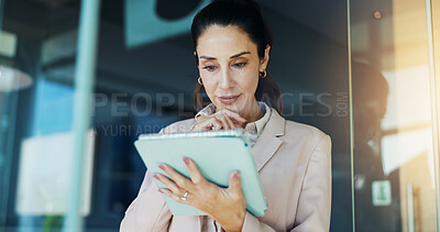 Buy stock photo Thinking, business and woman on tablet in office for research, reading email and financial report. Female person, digital and planning for schedule update, accounting information and investment ideas
