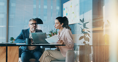 Buy stock photo Paperwork, laptop and business people in office with meeting for company investment deal. Computer, documents and finance manager with investor client for discussion with dividend report in workplace