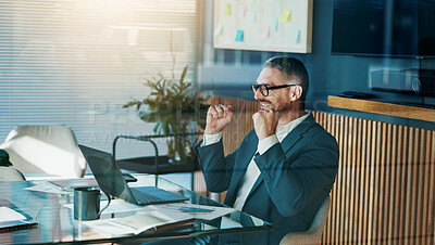 Buy stock photo Business, man and laptop with celebration in office for job promotion, salary increase email and career achievement. Financial manager, excited mature person and victory fist for success or good news