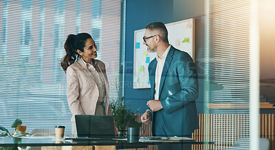 Buy stock photo Meeting, laptop and business people in office with collaboration for company investment deal. Computer, research and finance manager with investor client for discussion together in workplace.