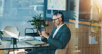 Buy stock photo Corporate, research and mature man with smartphone, office and online for financial growth in company. Digital, sales manager and competitive analysis on website in business, browsing and planning