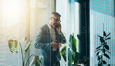 Buy stock photo Phone call, serious and mature man with glasses, networking and discussion for investment opportunity. Business, entrepreneur and person with mobile for communication, morning and chat for funding