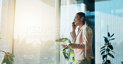 Buy stock photo Office, window and businesswoman with phone call for talking, negotiation and finance deal for agency. Workplace, person and financial consultant with mobile for communication or investment feedback