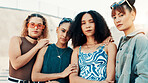 Portrait, friends and city for fashion with streetwear, edgy clothes and confident women. Cool, group and girls outdoor with trendy sunglasses, urban outfit and serious with gen z style for swag