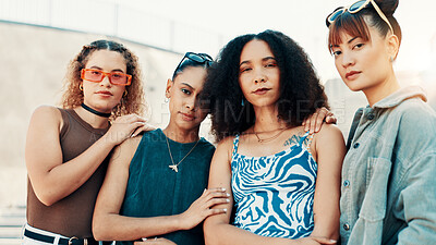 Buy stock photo Portrait, friends and city for fashion with streetwear, edgy clothes and confident women. Cool, group and girls outdoor with trendy sunglasses, urban outfit and serious with gen z style for swag