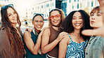 Women, selfie and smile with group in city, portrait or bonding with streetwear for fashion in summer. Gen z girl, friends and happy with photography, memory or trendy style for social media in town